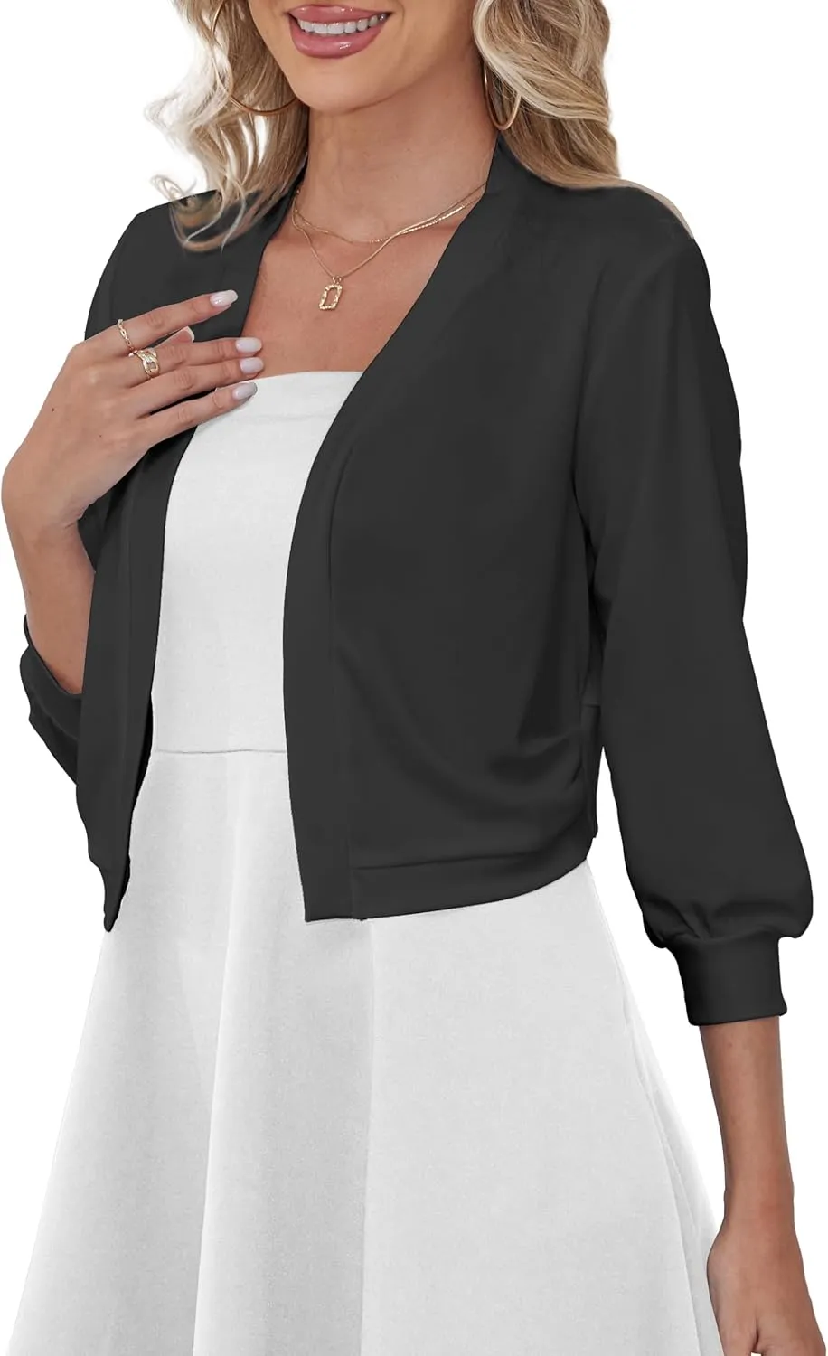 Women's 3/4 Sleeve Cropped Cardigan Open Front Bolero Short Shrugs