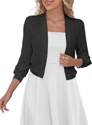 Women's 3/4 Sleeve Cropped Cardigan Open Front Bolero Short Shrugs