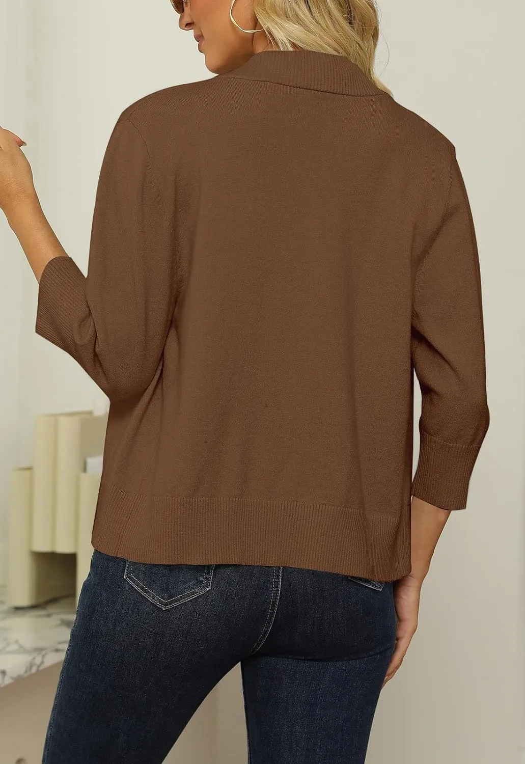 Womens 3/4 Sleeve Cropped Cardigan Sweater Fashion Cardigans Lightweight Knit Sweaters