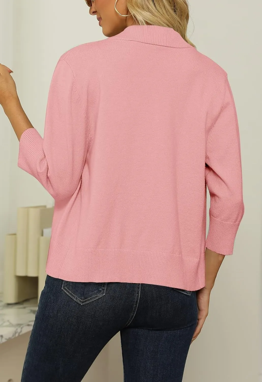 Womens 3/4 Sleeve Cropped Cardigan Sweater Fashion Cardigans Lightweight Knit Sweaters