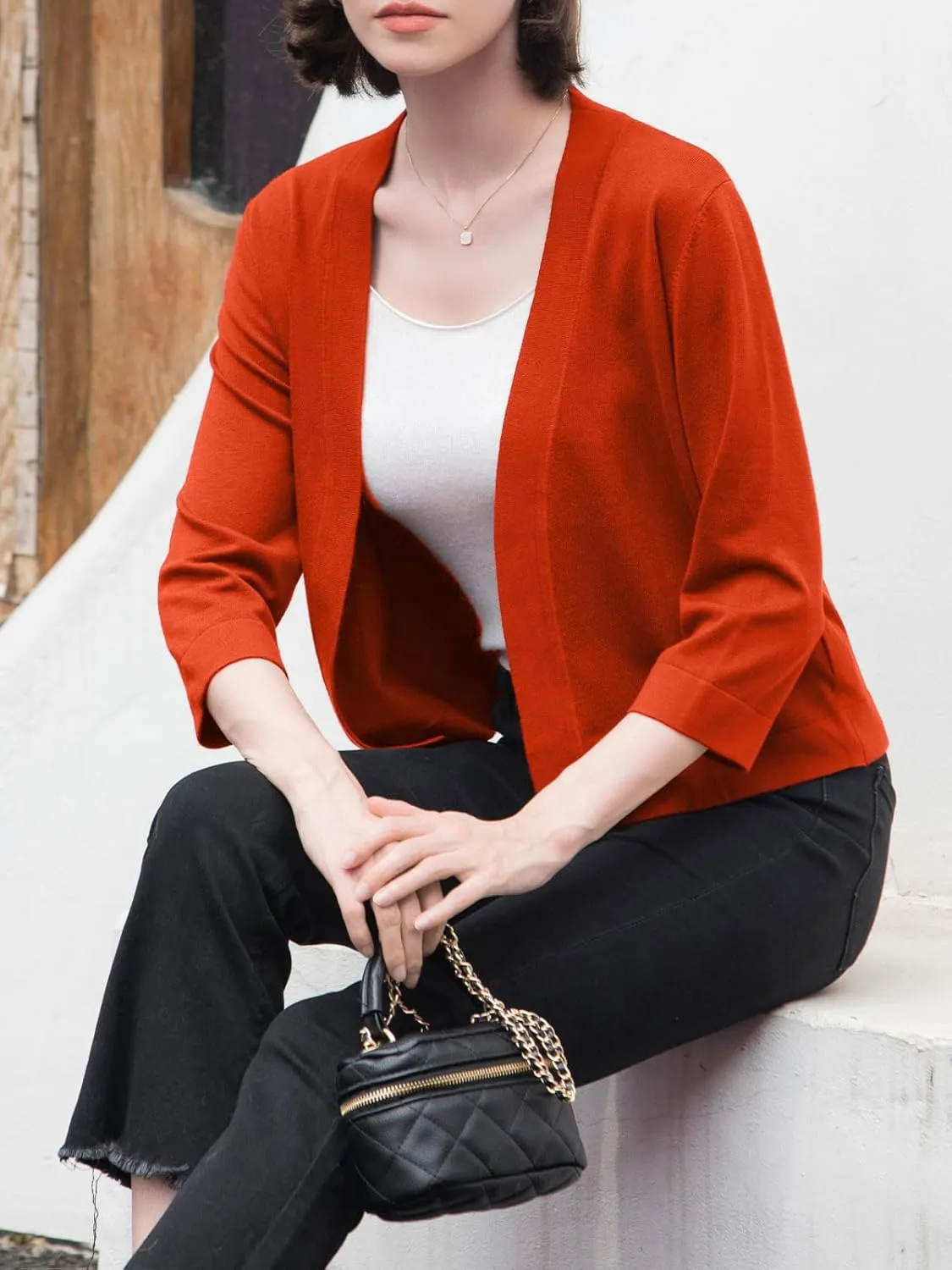 Women's 3/4 Sleeve Shrugs Sweaters Casual Lightweight Open Front Knitted Cardigans