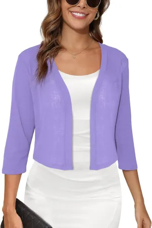 Women's 3/4 Sleeve Thin Shrugs Lightweight Open Front Cropped Sheer Cardigans for Summer