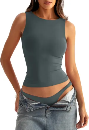 Womens Boat Neck Seamless Tank Tops Sleeveless Double Layering Shirts Basic Going Out Tops Summer Outfits