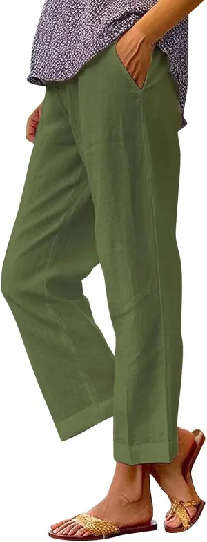 Womens Boho Linen Capris Pants Elastic Waist Drawstring Loose Leg Cropped Trousers Summer Beach Outfits