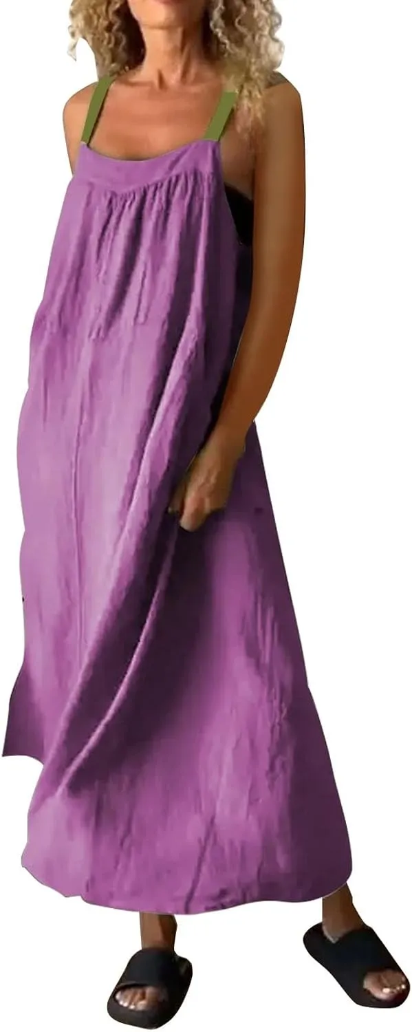 Womens Boho Maxi Dress Summer Sleeveless Cotton Linen Overall Dress Sexy Elegant Spaghetti Strap Beach Party Sundress