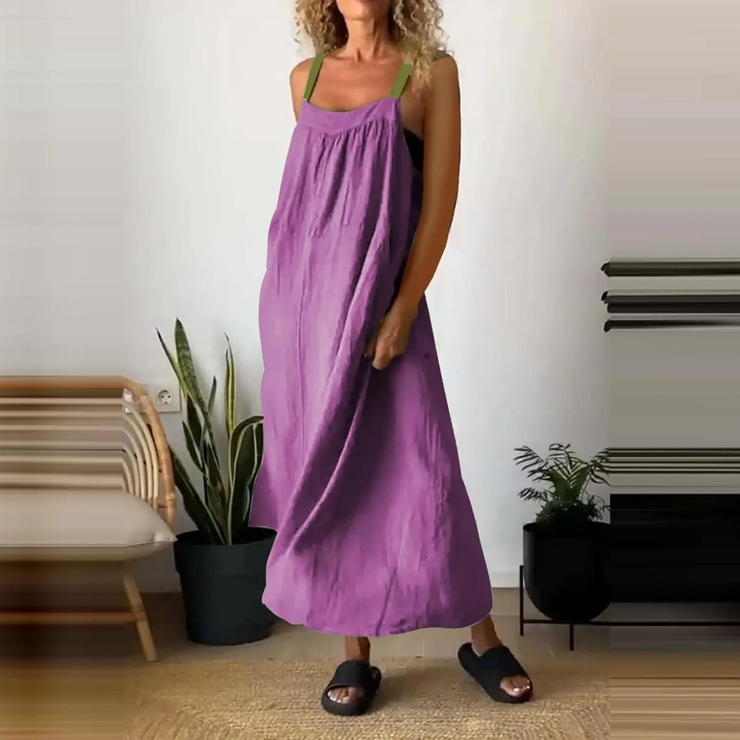 Womens Boho Maxi Dress Summer Sleeveless Cotton Linen Overall Dress Sexy Elegant Spaghetti Strap Beach Party Sundress