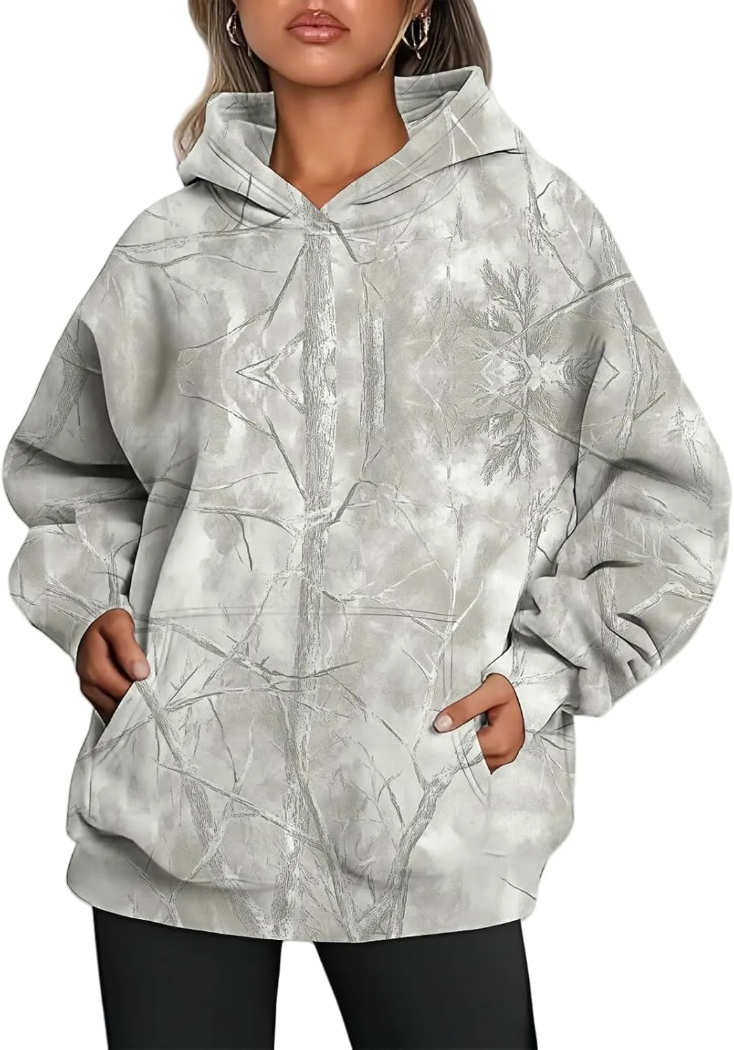 Women's Camo Hoodies Maple Leaf Print Oversized Hooded Sweatshirt Long Sleeve Fleece Pullover Hoodie Tops with Pockets