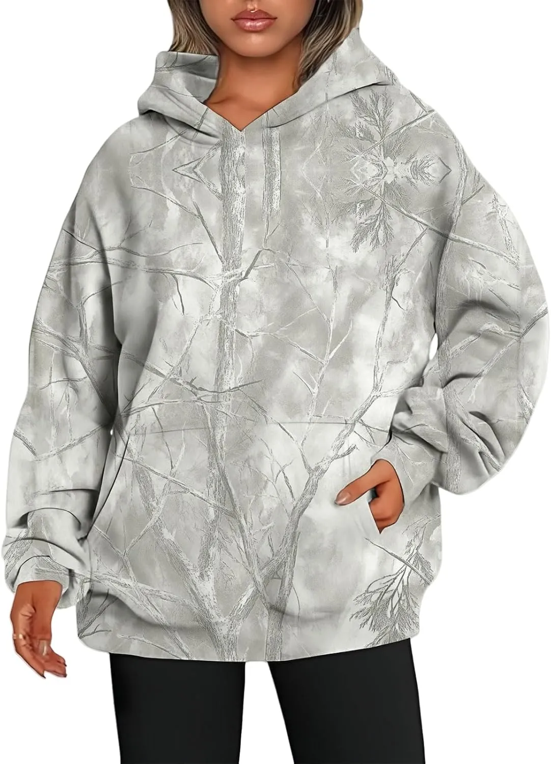 Women's Camo Hoodies Maple Leaf Print Oversized Hooded Sweatshirt Long Sleeve Fleece Pullover Hoodie Tops with Pockets
