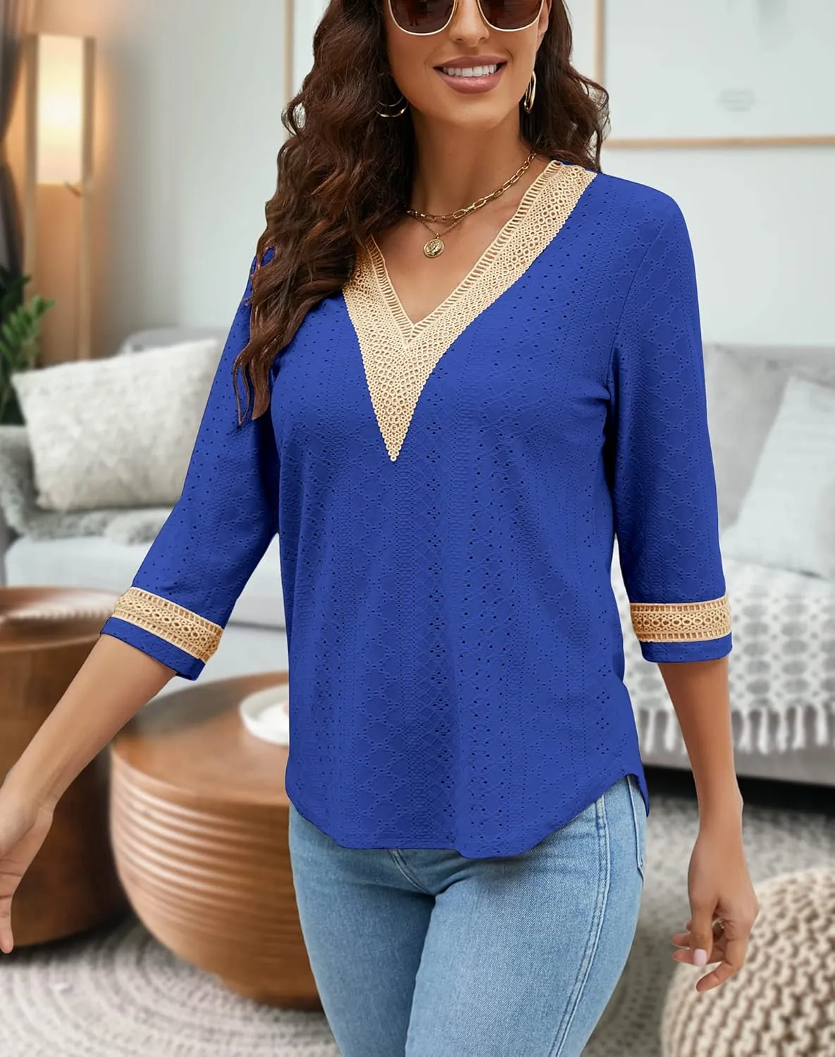 Women's Casual 3/4 Sleeve Shirts Lace V Neck Color Block Dressy Tops Trendy Hollow Floral Blouses T Shirts S-XXL