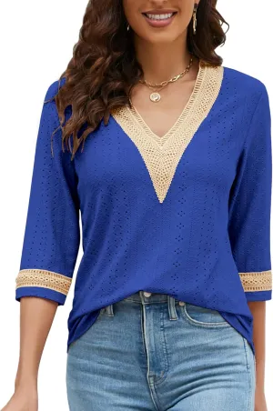Women's Casual 3/4 Sleeve Shirts Lace V Neck Color Block Dressy Tops Trendy Hollow Floral Blouses T Shirts S-XXL