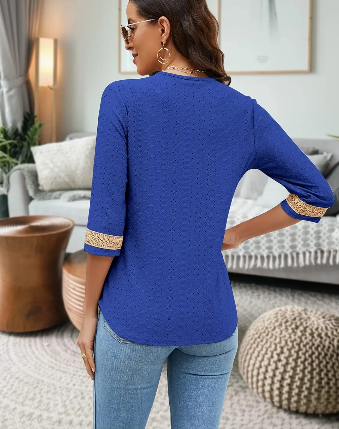 Women's Casual 3/4 Sleeve Shirts Lace V Neck Color Block Dressy Tops Trendy Hollow Floral Blouses T Shirts S-XXL