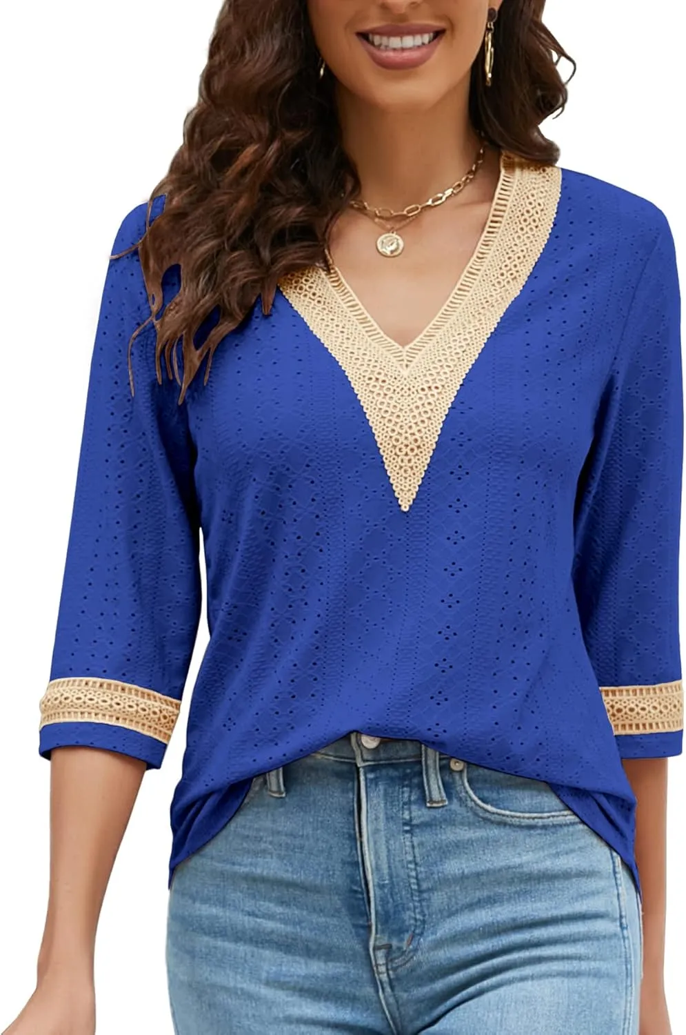 Women's Casual 3/4 Sleeve Shirts Lace V Neck Color Block Dressy Tops Trendy Hollow Floral Blouses T Shirts S-XXL