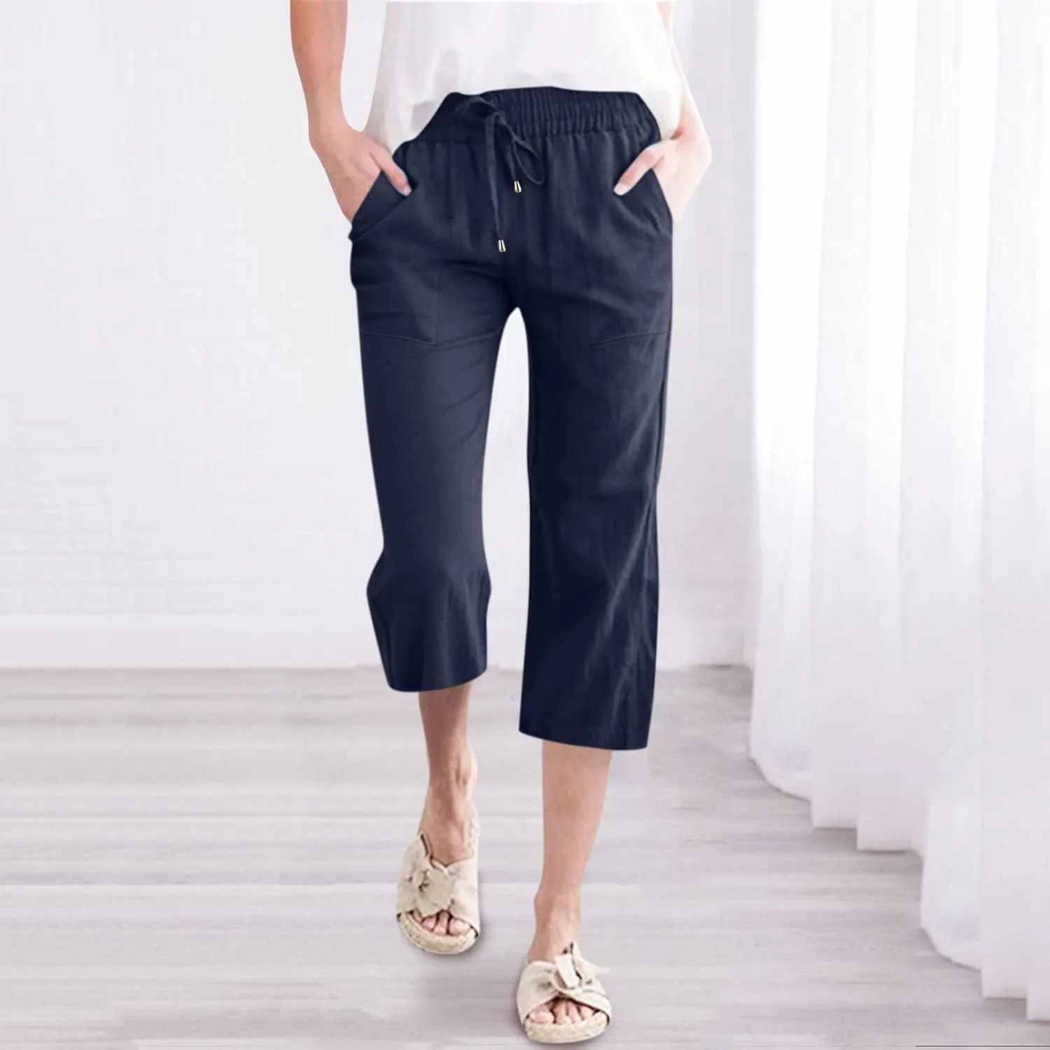 Womens Casual Capri Pants Summer Linen Elastic Waist Straight Loose Crop Trouser Lounge Athletic Yoga Pants Plus Size