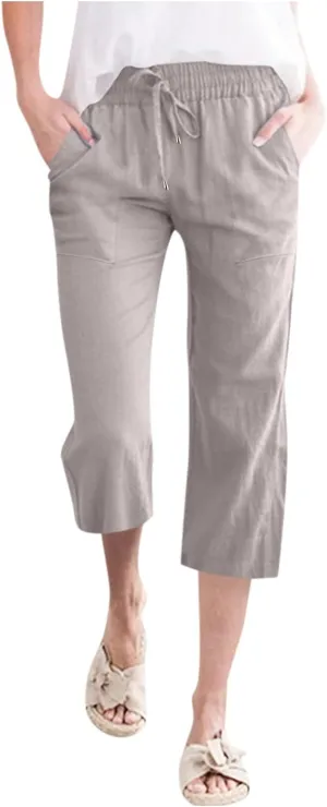 Womens Casual Capri Pants Summer Linen Elastic Waist Straight Loose Crop Trouser Lounge Athletic Yoga Pants Plus Size