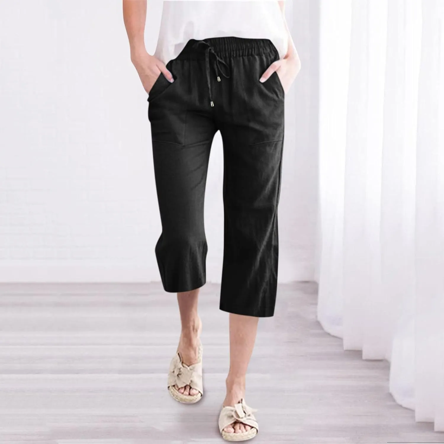 Womens Casual Capri Pants Summer Linen Elastic Waist Straight Loose Crop Trouser Lounge Athletic Yoga Pants Plus Size