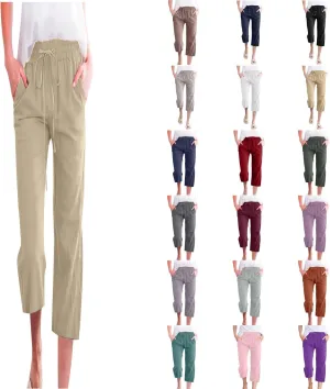 Womens Casual Capri Pants Summer Linen Elastic Waist Straight Loose Crop Trouser Lounge Athletic Yoga Pants Plus Size