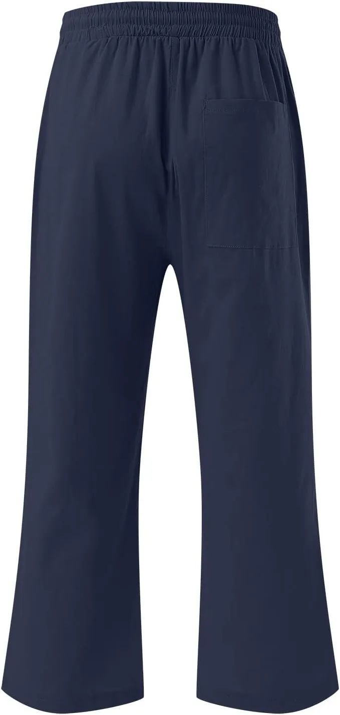 Womens Casual Capri Pants Summer Linen Elastic Waist Straight Loose Crop Trouser Lounge Athletic Yoga Pants Plus Size