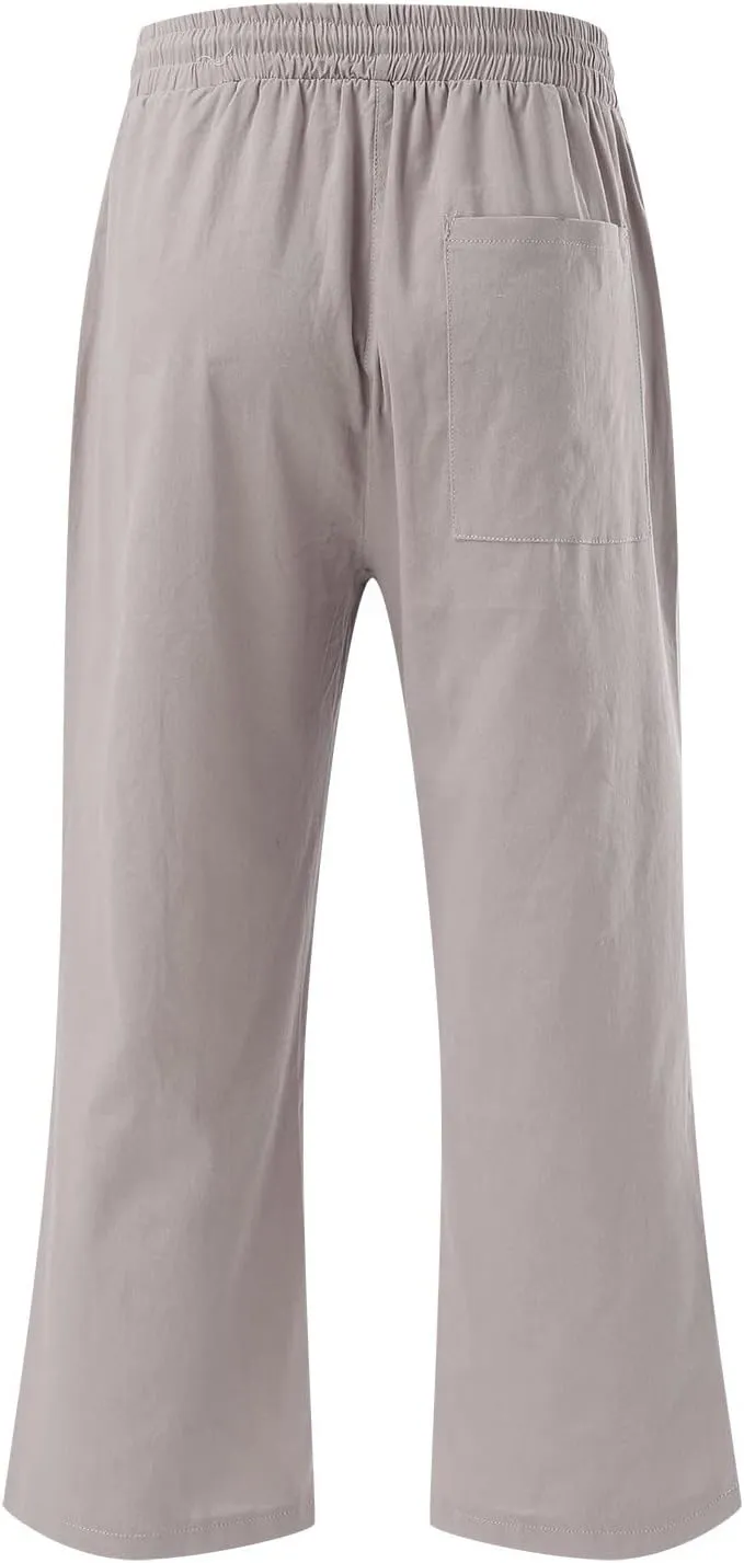 Womens Casual Capri Pants Summer Linen Elastic Waist Straight Loose Crop Trouser Lounge Athletic Yoga Pants Plus Size