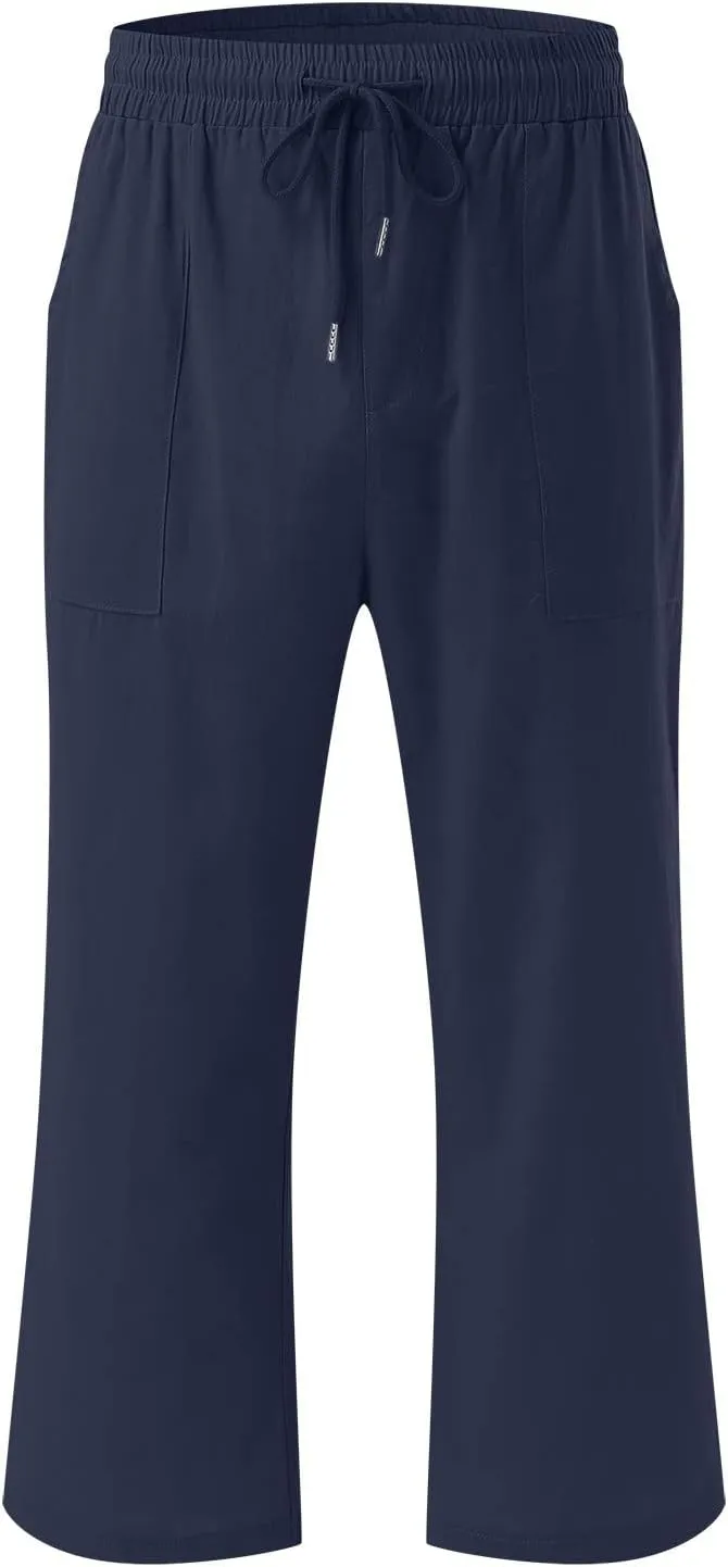 Womens Casual Capri Pants Summer Linen Elastic Waist Straight Loose Crop Trouser Lounge Athletic Yoga Pants Plus Size