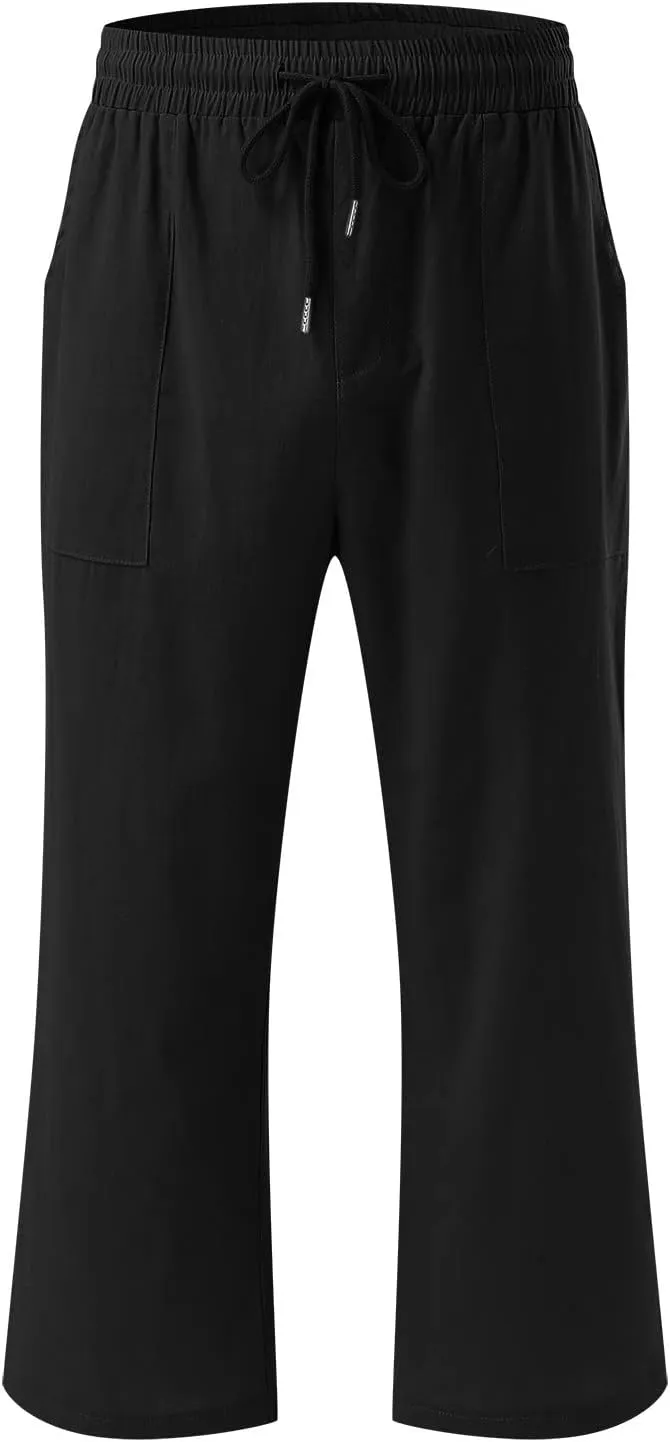 Womens Casual Capri Pants Summer Linen Elastic Waist Straight Loose Crop Trouser Lounge Athletic Yoga Pants Plus Size