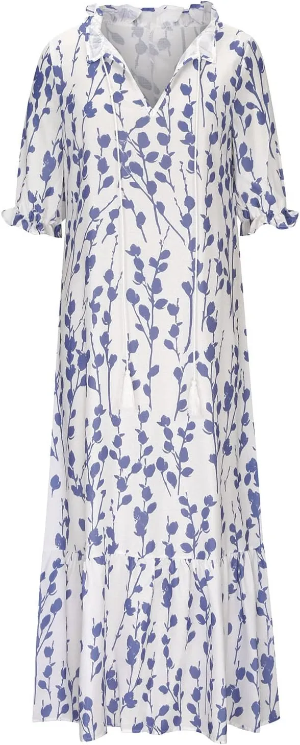 Women's Casual Loose Bohemian Floral Dresses 2024 3/4 Sleeve V Neck Ruffle A Line Flowy Summer Beach Dress