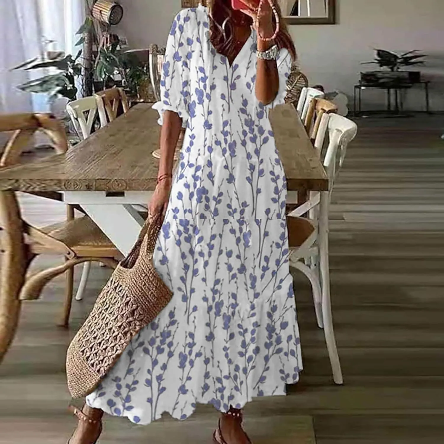 Women's Casual Loose Bohemian Floral Dresses 2024 3/4 Sleeve V Neck Ruffle A Line Flowy Summer Beach Dress