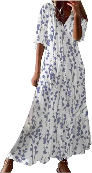 Women's Casual Loose Bohemian Floral Dresses 2024 3/4 Sleeve V Neck Ruffle A Line Flowy Summer Beach Dress