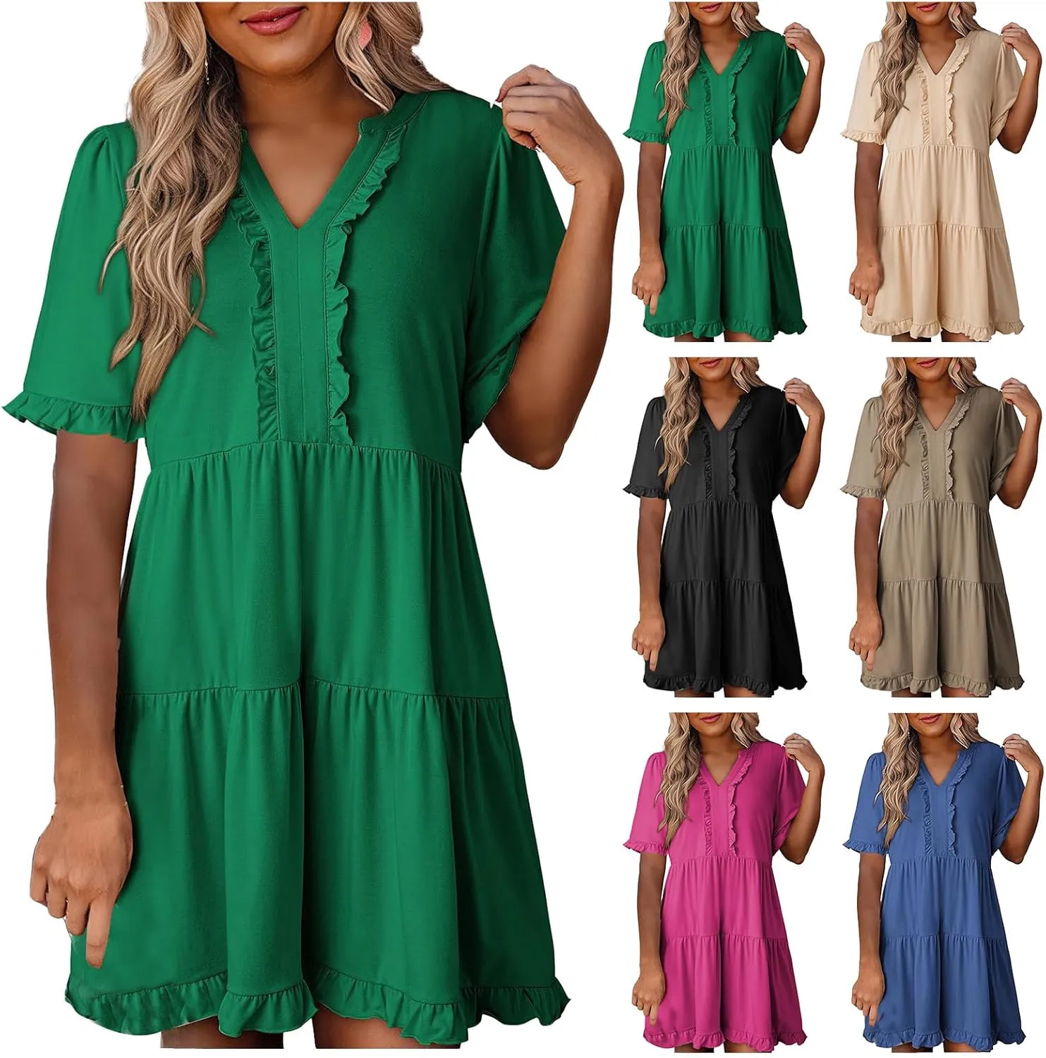 Womens Casual Midi Dress Casual Flowy A-Line Tiered Swing Dresses Ruffle Sleeve V Neck Dresses Summer Fashion Dress