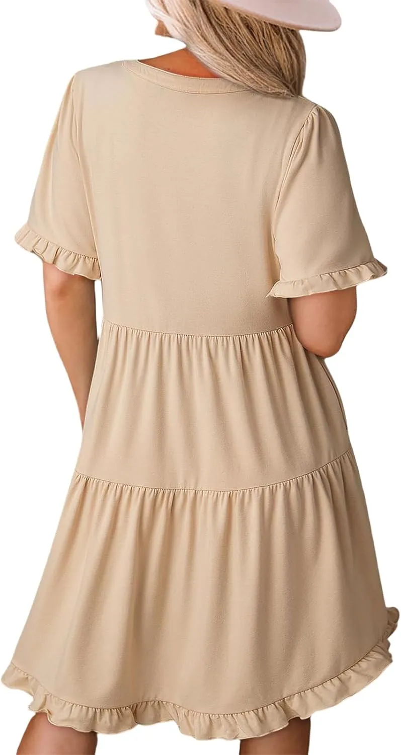 Womens Casual Midi Dress Casual Flowy A-Line Tiered Swing Dresses Ruffle Sleeve V Neck Dresses Summer Fashion Dress