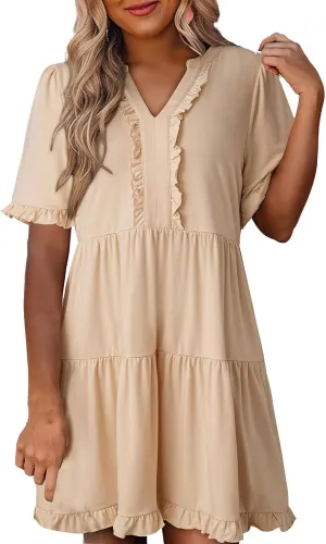 Womens Casual Midi Dress Casual Flowy A-Line Tiered Swing Dresses Ruffle Sleeve V Neck Dresses Summer Fashion Dress