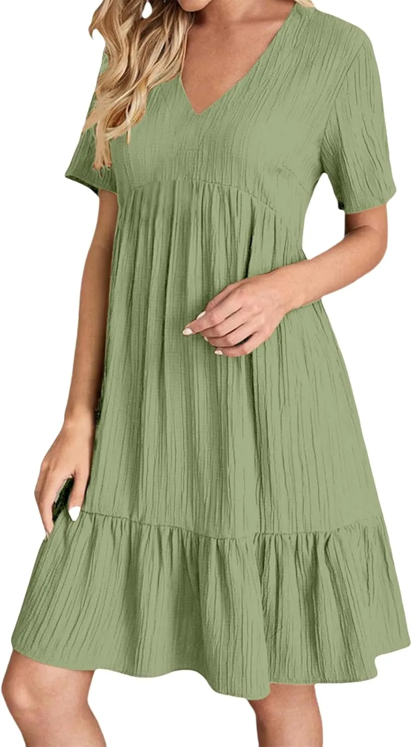 Womens Casual Summer Dresses Flowy Sleeveless Midi Dress Beach Vacation Sundress Ruffle Swing Dress V Neck Comfy
