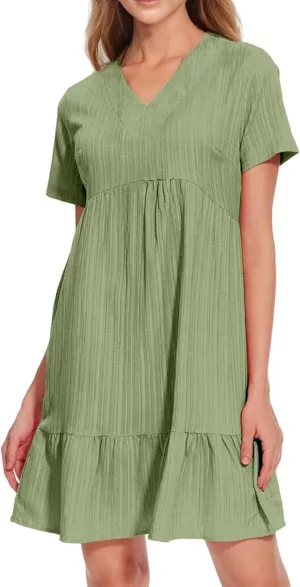 Womens Casual Summer Dresses Flowy Sleeveless Midi Dress Beach Vacation Sundress Ruffle Swing Dress V Neck Comfy
