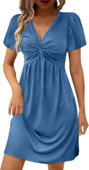 Women's Casual Summer Twist Front V Neck Ruffle Short Sleeve Mini Dress Sexy Elegant Club Party Tunic Mini Dresses
