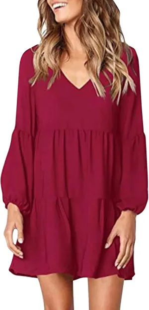 Women's Chiffon Funny Work Dresses for Women 2024 V Neck Summer Dresses Ruffle Pleated Long Sleeve Black Summer Dress
