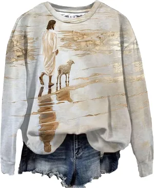 Womens Christian Sweatshirt for Women Jesus and Lost Sheep Shirt for Woman Printed Graphic Sweatshirt