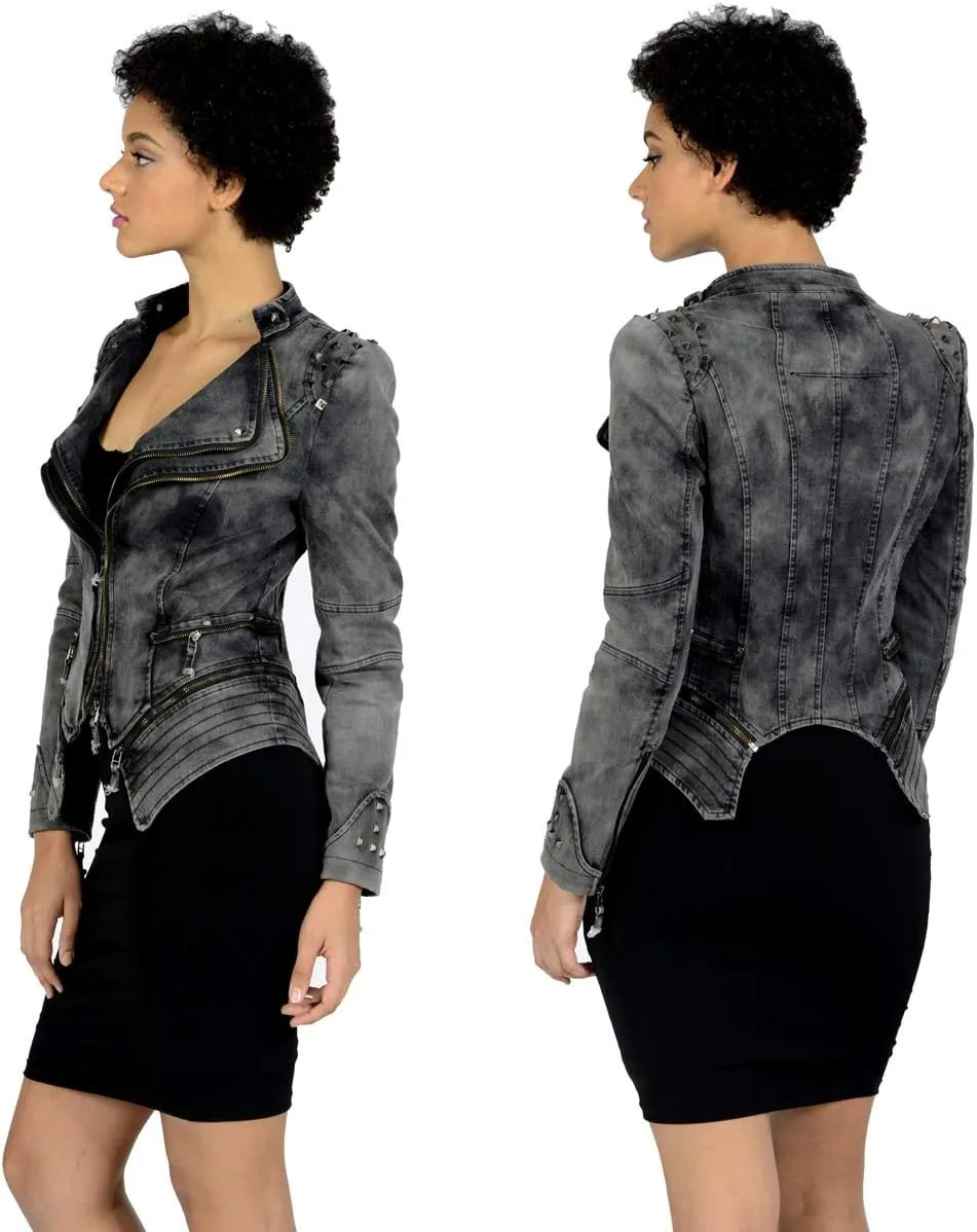 Women's classic denim jacket personalized rivet punk dovetail Motorcycle Jacket