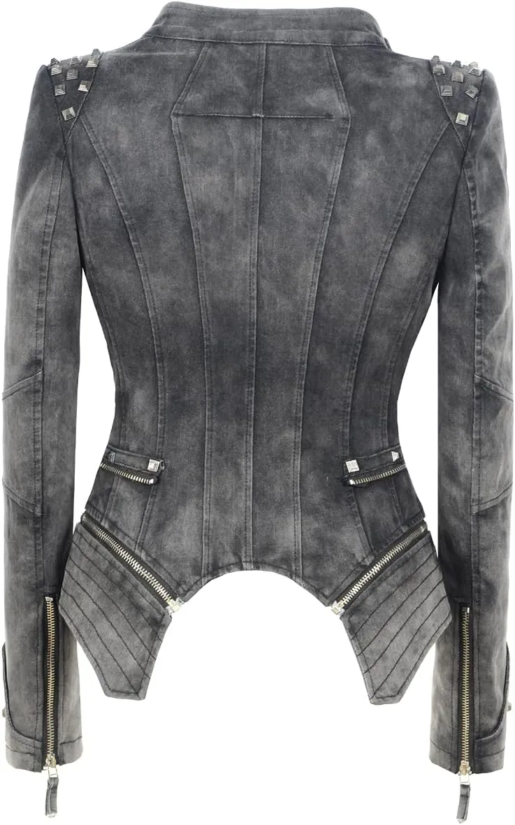 Women's classic denim jacket personalized rivet punk dovetail Motorcycle Jacket