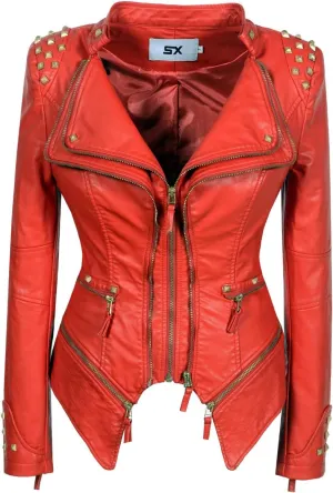 Women's classic Lapel dovetail rivet leather jacket casual personality fashion sexy punk Motorcycle Jacket (L, Red)