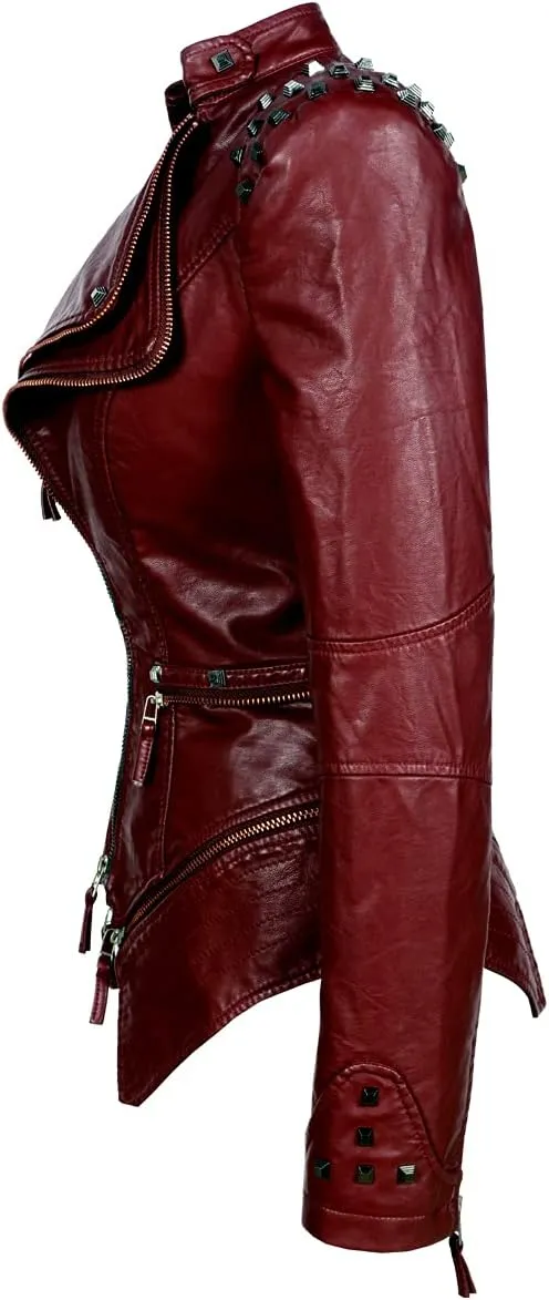 Women's classic large lapel dovetail rivet leather jacket casual personality fashion sexy punk motorcycle jacket