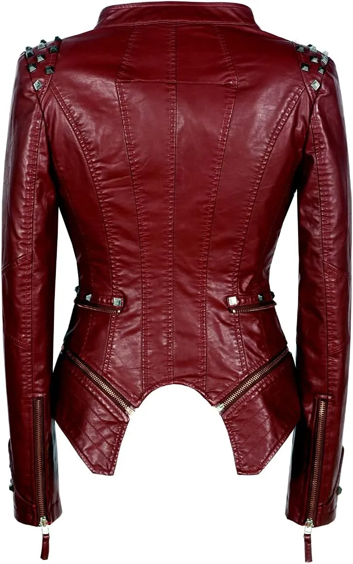 Women's classic large lapel dovetail rivet leather jacket casual personality fashion sexy punk motorcycle jacket