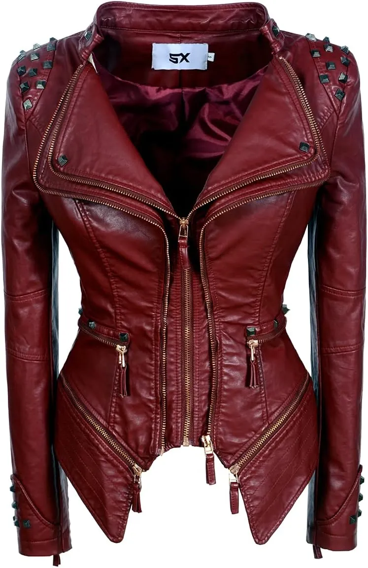 Women's classic large lapel dovetail rivet leather jacket casual personality fashion sexy punk motorcycle jacket
