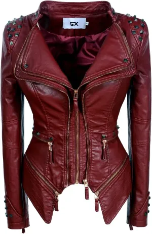 Women's classic large lapel dovetail rivet leather jacket casual personality fashion sexy punk motorcycle jacket