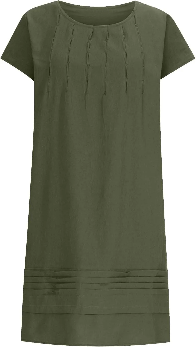 Womens Cotton Linen Dresses Short Sleeve Crew Neck Shift Dress Loose Ruched Solid Color Knee Length Beach Sundress