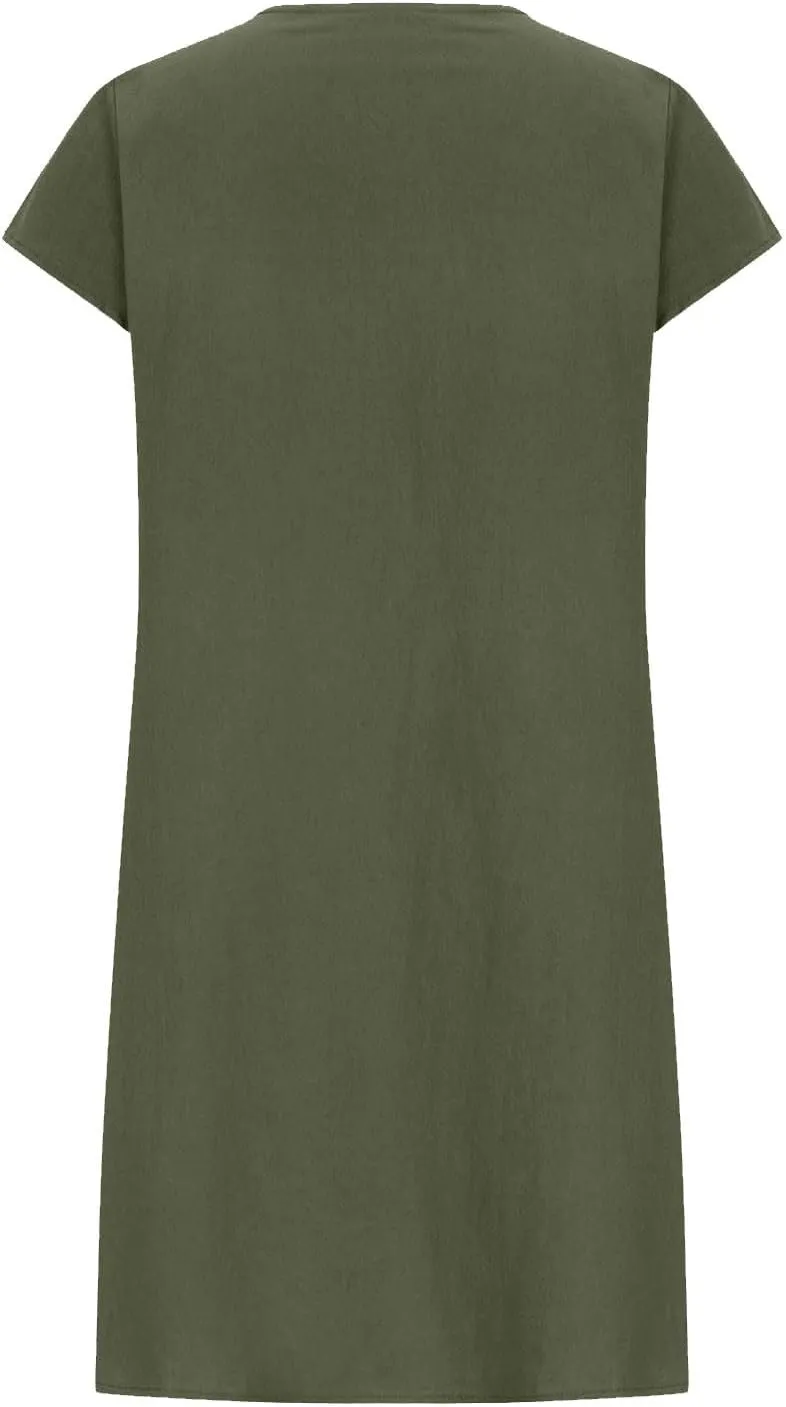 Womens Cotton Linen Dresses Short Sleeve Crew Neck Shift Dress Loose Ruched Solid Color Knee Length Beach Sundress