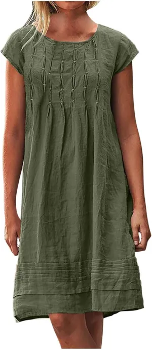 Womens Cotton Linen Dresses Short Sleeve Crew Neck Shift Dress Loose Ruched Solid Color Knee Length Beach Sundress