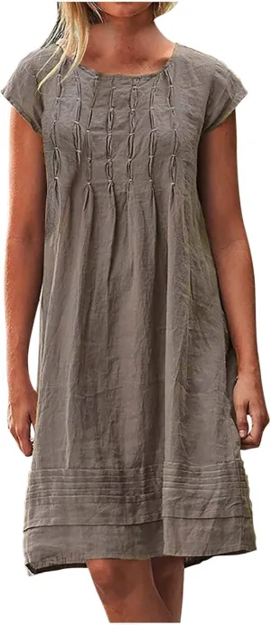 Womens Cotton Linen Dresses Short Sleeve Crew Neck Shift Dress Loose Ruched Solid Color Knee Length Beach Sundress