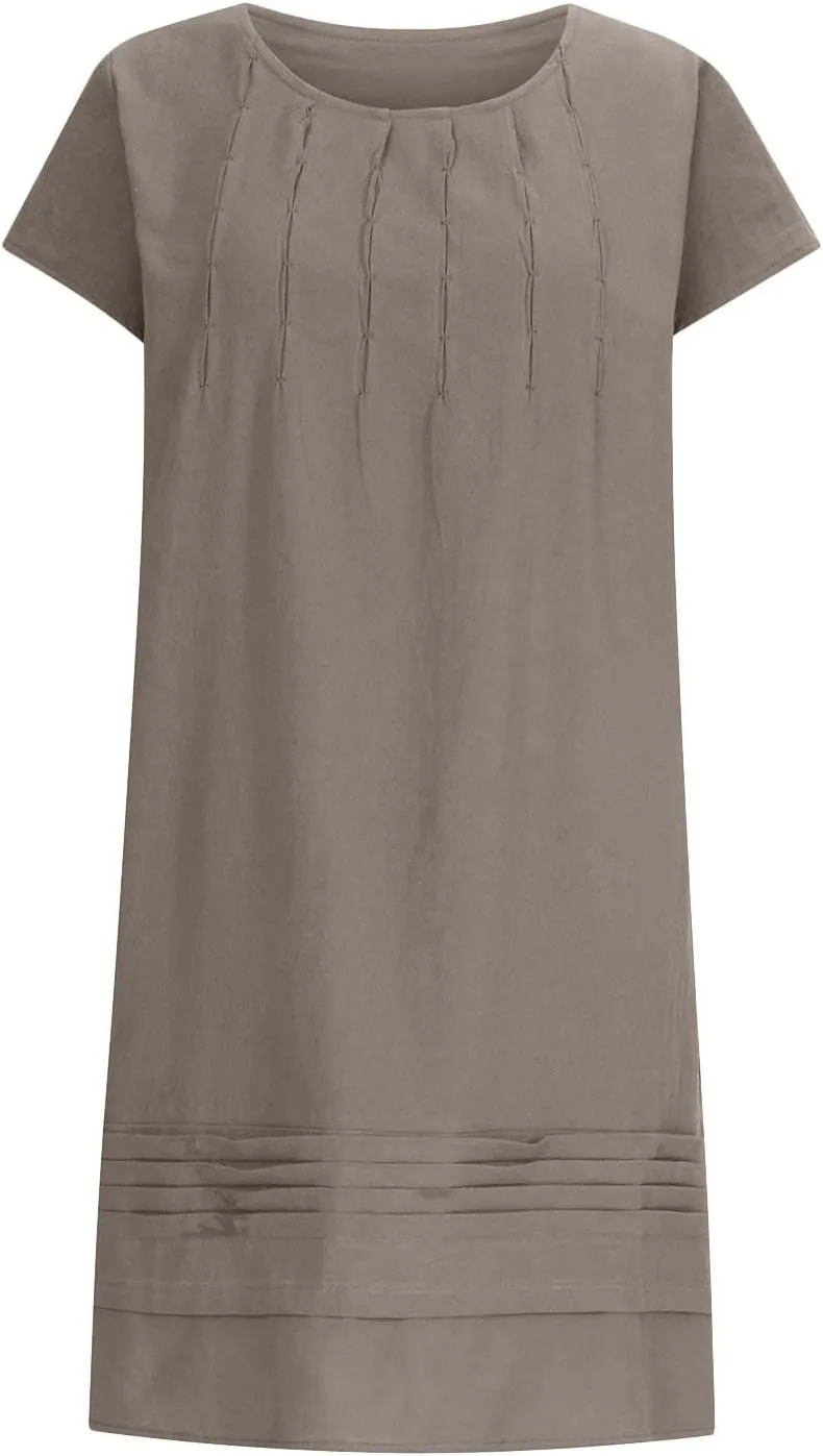 Womens Cotton Linen Dresses Short Sleeve Crew Neck Shift Dress Loose Ruched Solid Color Knee Length Beach Sundress