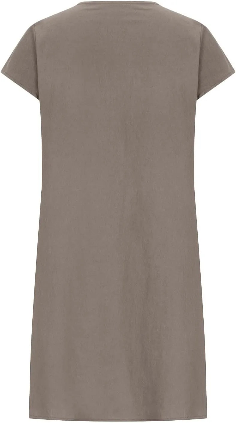 Womens Cotton Linen Dresses Short Sleeve Crew Neck Shift Dress Loose Ruched Solid Color Knee Length Beach Sundress