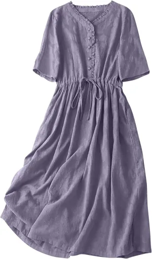 Women's Cotton Linen Dresses Summer Embroidered Sleeve A Line Comfy Cotton Maxi Dress Trendy Summer Vacation Clothes