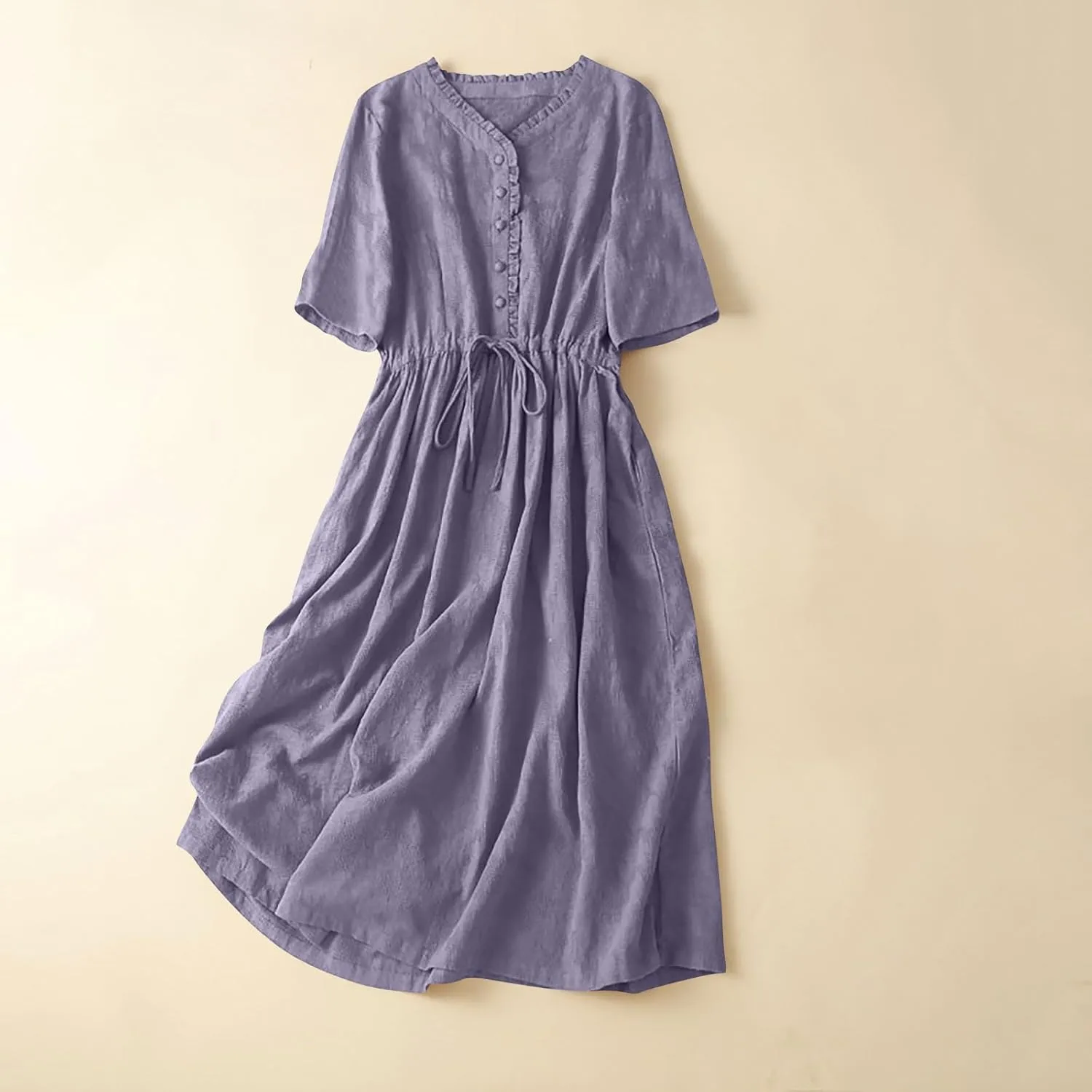 Women's Cotton Linen Dresses Summer Embroidered Sleeve A Line Comfy Cotton Maxi Dress Trendy Summer Vacation Clothes